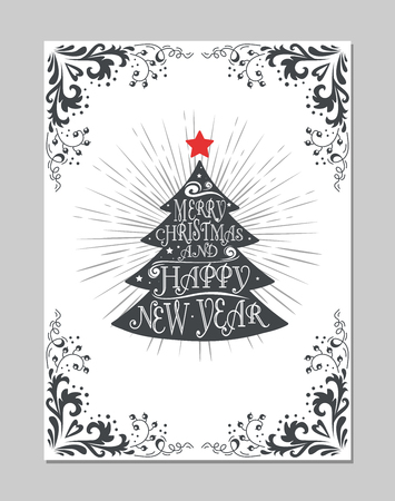 Merry Christmas and Happy New Year  typography greeting poster with christmas tree. Element for design, print, poster, or postcardのイラスト素材