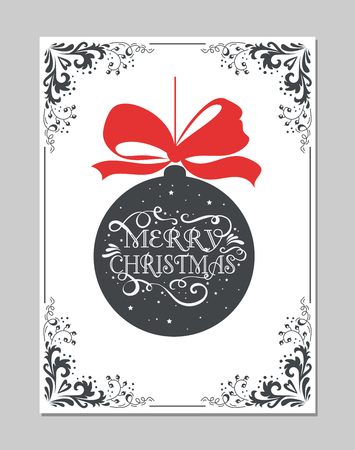 Merry Christmas greeting card with lettering and christmas ball with bow. Retro christmas typography poster, banner, print or postcard
のイラスト素材