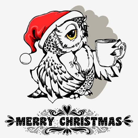 Merry Christmas. Hand drawn winter holiday poster with Owl Santa Claus. Can be used as a greeting card, print design or posterのイラスト素材