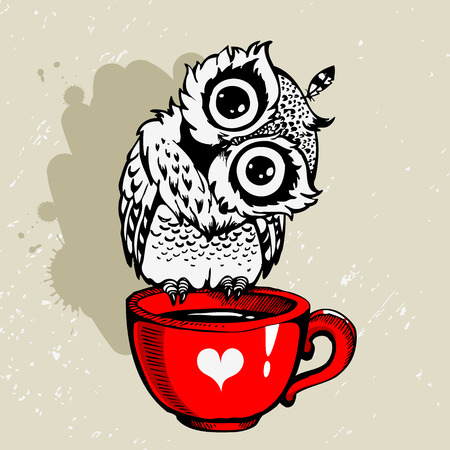 Owl and coffee cup hipster print. Hand drawn poster with grunge background and splash for t-shirt design, school books, notebooks and moreのイラスト素材