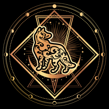 Dog. Zodiac esoteric symbol 2018 year of dog. Ethnic tribal astrology print For t-shirt, bag, postcard,and logo. Tattoo designのイラスト素材