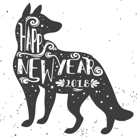 Typographical greeting card. Dog. Happy new year 2018. Lettering. Grunge texture. Can be used as a print for bags posters and greeting card.のイラスト素材