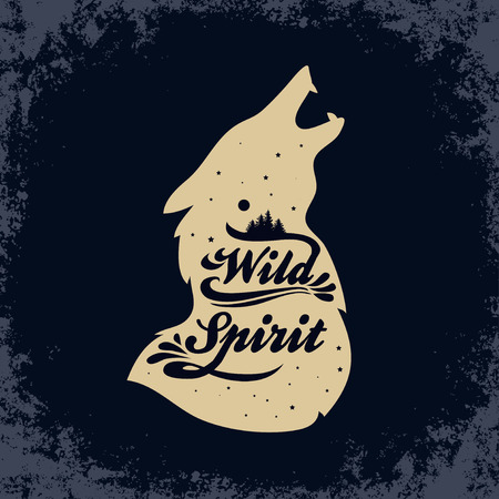 Wild Spirit. Inspiration Typography for t-shirt print. Wolf. Travel, adventure poster.のイラスト素材