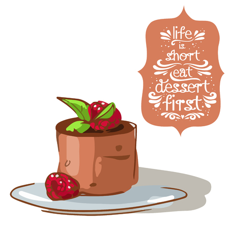 Hand drawn poster with a doodle sweet dessert and quote: Life is short eat dessert first. Vintage style card with lettering. Motivational and inspirational illustration.のイラスト素材