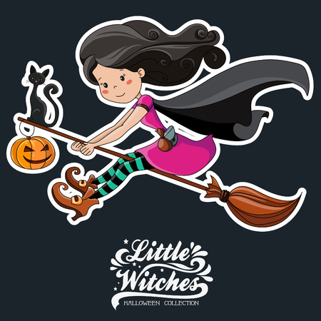 Cute Little witch with black cat vector illustrationのイラスト素材