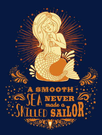Hand drawn poster with mermaid and text. Fantasy mythology print for T-shirt and bags. Inspiration Vector illustration.のイラスト素材