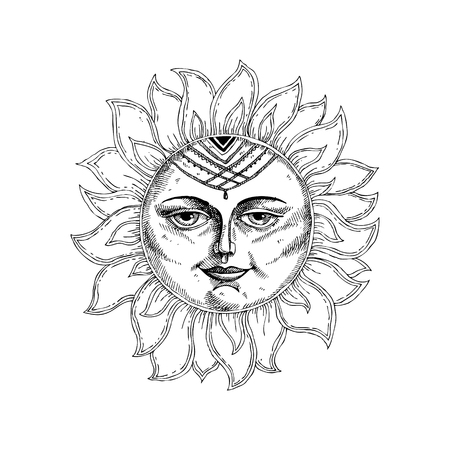 Hand drawn sun with face stylized as engraving. Can be used as print for T-shirts and bags, cards, decor element. Vector astrology symbol.のイラスト素材