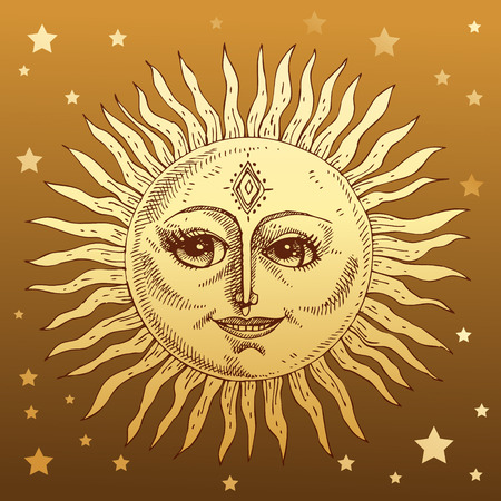 Hand drawn sun with face stylized as engraving. Can be used as print for T-shirts and bags, cards, decor element. Vector astrology symbol.のイラスト素材