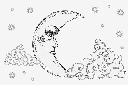 Moon with face, clouds and stars stylized as engraving. Can be used as print for T-shirts and bags, decor element. Hand drawn astrology symbol. Vector.のイラスト素材