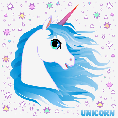 Unicorn head portrait vector illustration. Magic fantasy horse design for children t-shirt and bags. Childish character White unicorn  with blue hairのイラスト素材