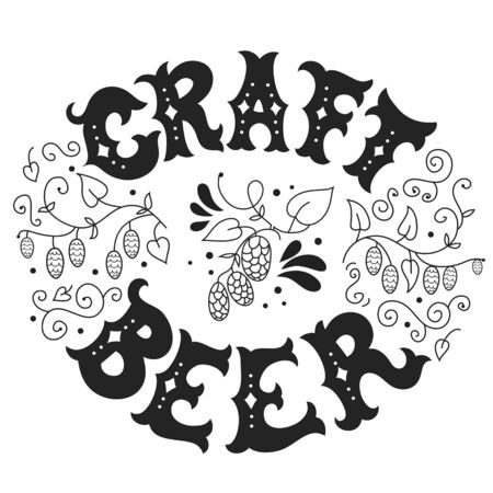 Craft Beer. Hand drawn illustration with beer mug and hop, hand  lettering and decoration elements. Vector typography poster or print for t-shirts, bags and cardsのイラスト素材