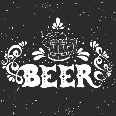 Beer. Hand drawn illustration with beer mug,  lettering and decoration elements. Vector typography poster or print for t-shirts, bags and cardsのイラスト素材