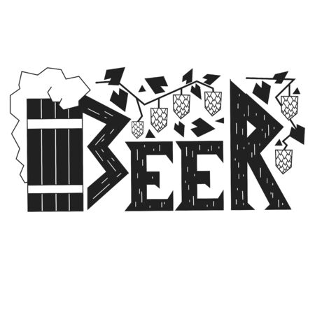 Beer. Hand drawn vintage illustration with hop, beer mug,  lettering and decoration elements. Vector typography poster or print for t-shirts, bags and cardsのイラスト素材