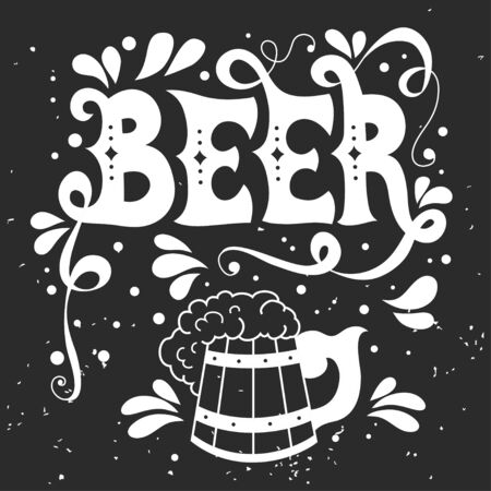 Beer. Hand drawn illustration with beer mug,  lettering and decoration elements. Vector typography poster or print for t-shirts, bags and cardsのイラスト素材