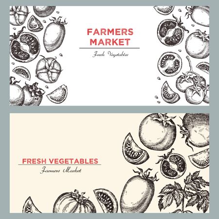 Template for label design with hand drawn linear tomato vegetables. Can be used for brochures, banner, restaurant menu, farmers market and organic food storeのイラスト素材