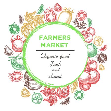 Template for label design with hand drawn linear tomato vegetables. Can be used for brochures, banner, restaurant menu, farmers market and organic food storeのイラスト素材