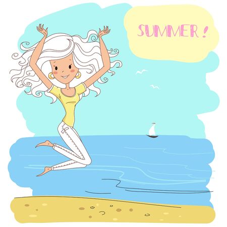 Vector illustration of a cute young girl with long hair. Summer background. Template for design cards, notebook, shop, poster and cosmetics /Print for T-shirt. Character design.のイラスト素材