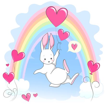 Cute white romantic bunny with heart and rainbow. Vector children's animal for kids or babies shirt design, fashion print, Easter postcardのイラスト素材