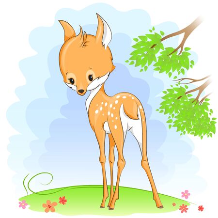 Cute baby deer on a meadow with flowers.It can be used for baby t-shirt design, fashion print, greeting card, poster, design element for children's clothesのイラスト素材