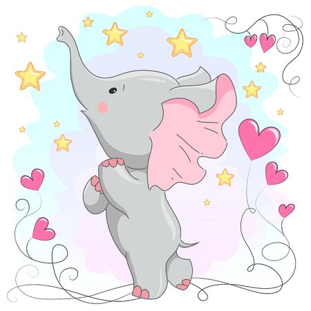 Cute baby elephant  with hearts.  vector cartoon  illustration. It can be used for baby t-shirt design, fashion print, velentines day card, poster, design element for children's clothesのイラスト素材