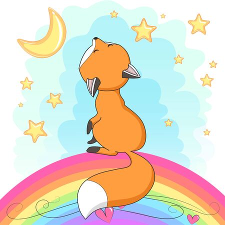 Vector red fox  cartoon  illustration. It can be used for baby t-shirt design, fashion print, cards, design element for children's clothes. Cute animal characterのイラスト素材