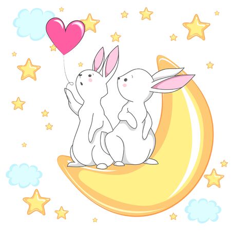 Cute white romantic bunny with heart, moon and star. Vector children's animal for kids or babies shirt design, fashion print, Easter postcardのイラスト素材