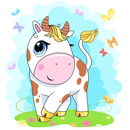 Cute cartoon cow. Vector illustration with bull, symbol of the Chinese new year 2021 - funny oxのイラスト素材