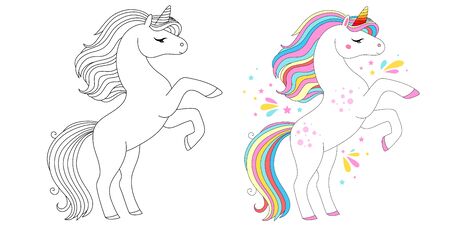 Cute unicorn collection. Monochrome and colored, vector illustration for coloring book, print and poster. のイラスト素材