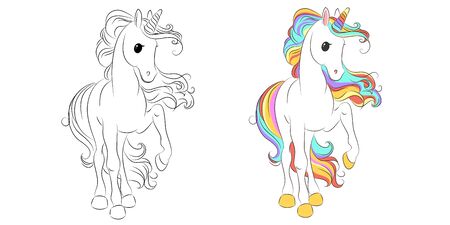 Cute cartoon unicorns. Black and white and colored vector for coloring book, unicorn print and posterのイラスト素材