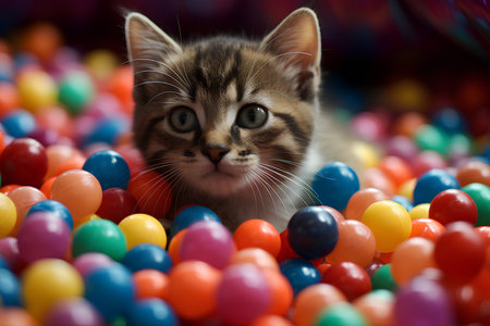 A kitten on the background of a pile of bright plastic balls.の素材