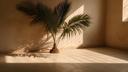 Home plant hamedorea or palm in a clay pot on a brown background. The concept of minimalism.の素材