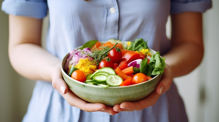 A woman with a bowl of salad with bright vegetables and light dressing. The concept of a balanced and nutritious dish.の素材