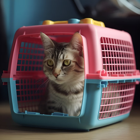 A cat in a carrier at a reception at a veterinary clinic, at a train station or at the airport with a person. The concept of animal transportation.の素材