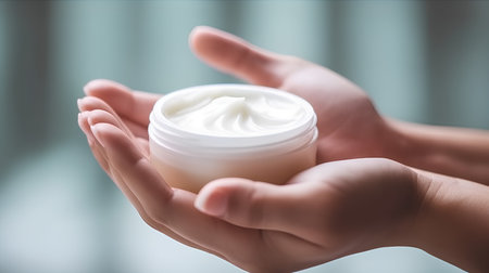 Beautiful well-groomed female hands hold a jar of cream. Moisturizing cream for clean and delicate skin.の素材