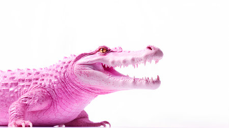 Alligator close-up on a pink background, tinted in pink colors.の素材