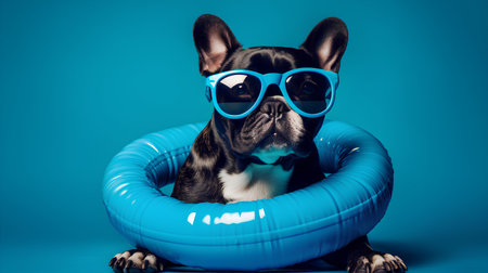 Portrait of a dark-colored French bulldog in sunglasses, with a blue swimming circle, going on vacation.の素材
