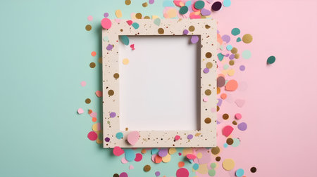 A banner or background for a birthday, a frame for a photo or text inside, confetti. Flat style. Copy the place for the greeting text.の素材