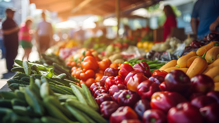 Fruits and vegetables at the city market. Fresh and organic vegetables at the farmers market. Generative .の素材