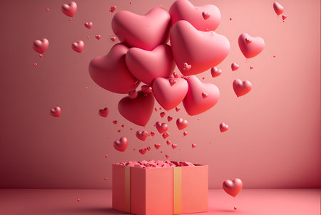 Pink heart-shaped balloons fly out of a pink box on a pink background. Generative.の素材