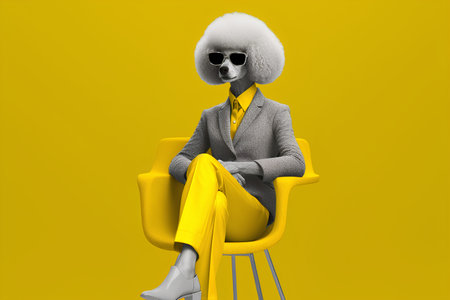 A poodle in a yellow suit and glasses is sitting in a chair on a yellow background.の素材