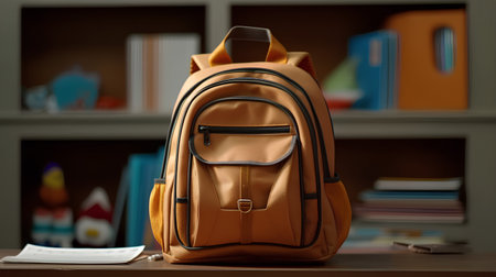 Orange school backpack on the background of a rack with school supplies. Generative.の素材