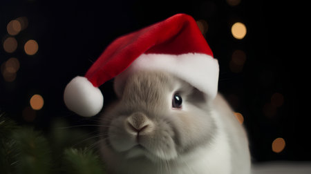 Cute grey rabbit in Santa Claus hat on dark background with bokeh. New 2024.. Generative.の素材