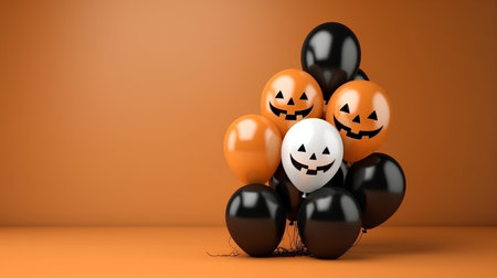 Orange and black helium balloons on an orange background. Generative .の素材