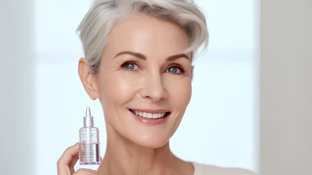 Skin care, collagen, anti-aging. A middle-aged lady with clear skin. Generative ai.の素材