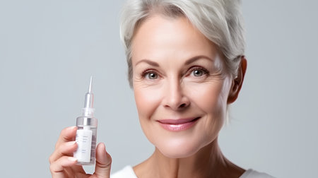 Skin care, collagen, anti-aging. A middle-aged lady with clear skin. Generative ai.の素材