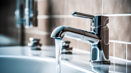 An open faucet and a jet of water in a luxurious bathroom, against a wall background. Generative ai.の素材