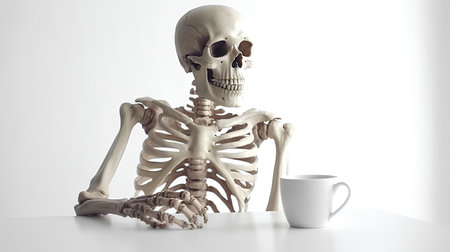 A skeleton is sitting at a table with a cup of coffee, on a white background. Generative ai.の素材