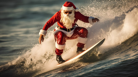 A promotional picture of Santa Claus on a surfboard. Christmas.の素材