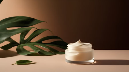 A glass jar with face or body cream and green leaves. Front view. Generative.の素材