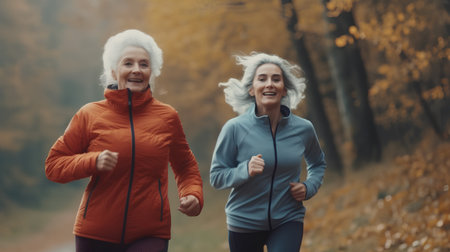 A happy, fit, gray-haired elderly couple of elderly women are jogging in an autumn parkの素材